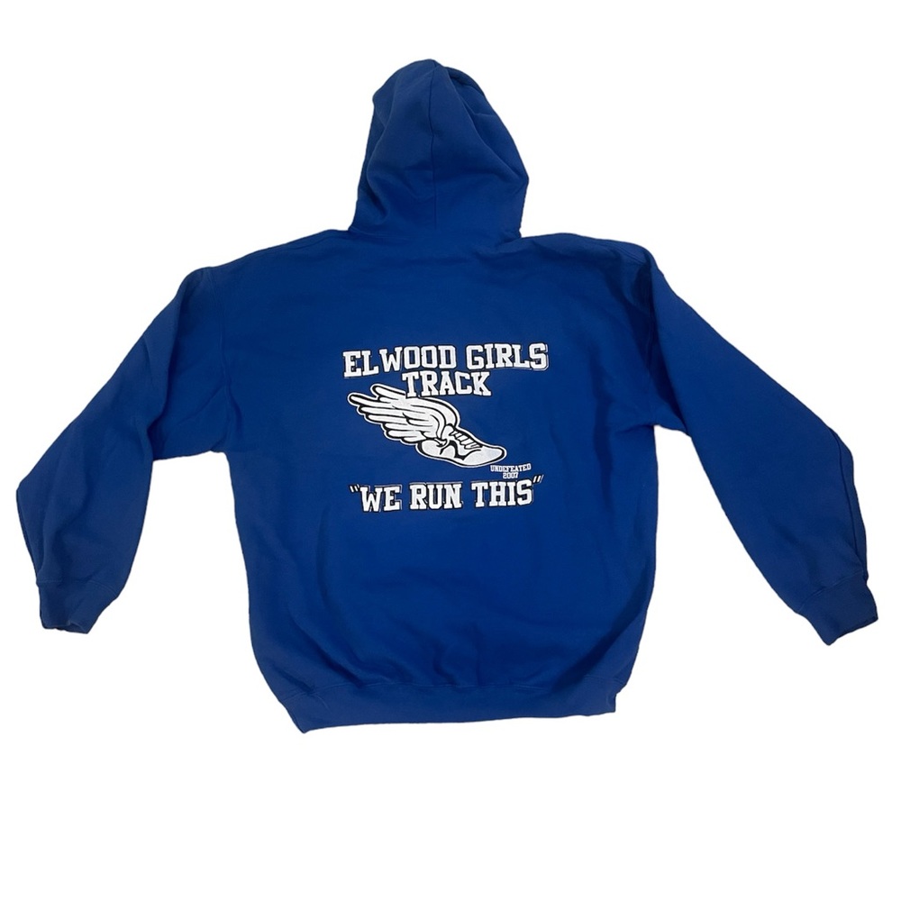 XL Elwood girls track school royal blue hoodie‎ pullover sweatshirt we run this